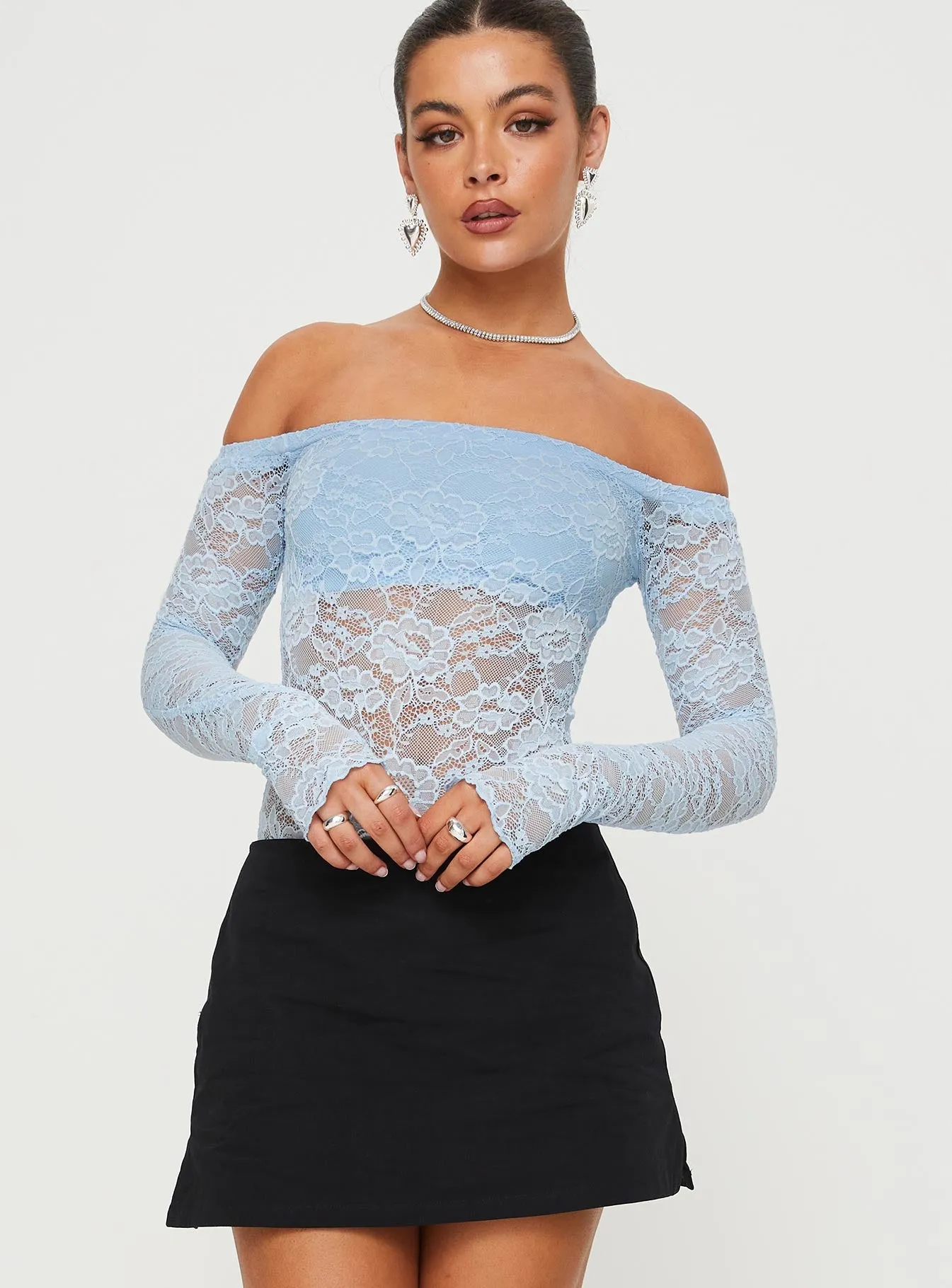 Weaver Off Shoulder Lace Bodysuit Blue sold by Princess Polly product image thumbnail 2
