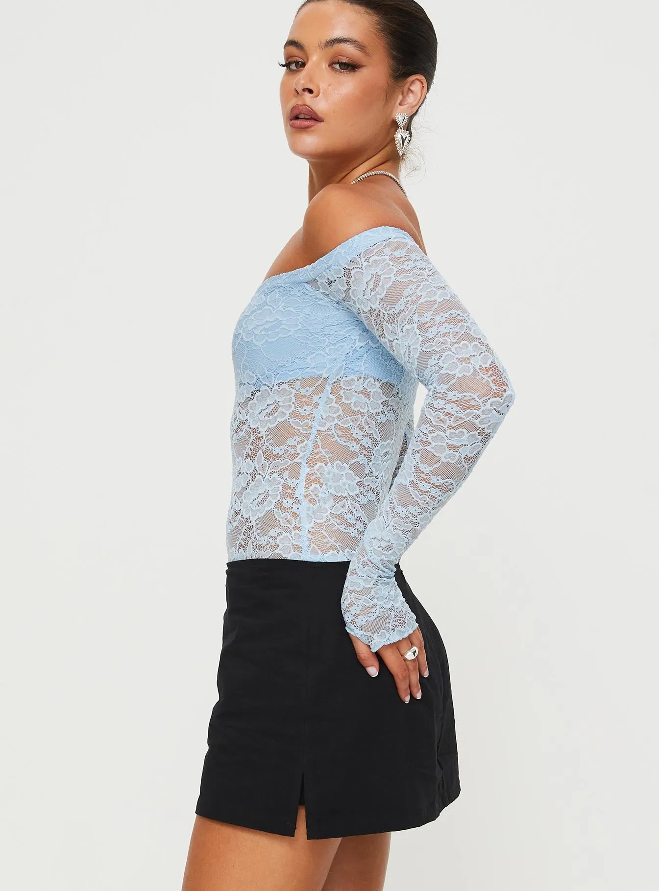 Weaver Off Shoulder Lace Bodysuit Blue sold by Princess Polly product image thumbnail 4