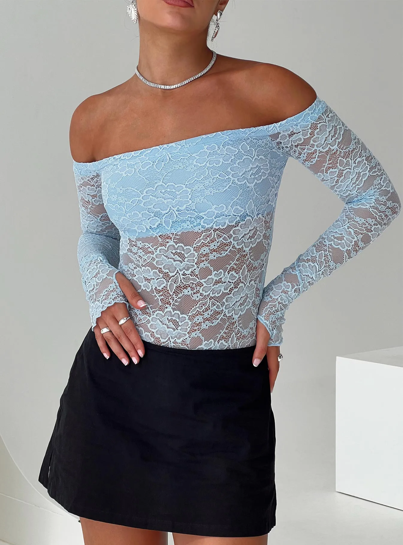Weaver Off Shoulder Lace Bodysuit Blue sold by Princess Polly