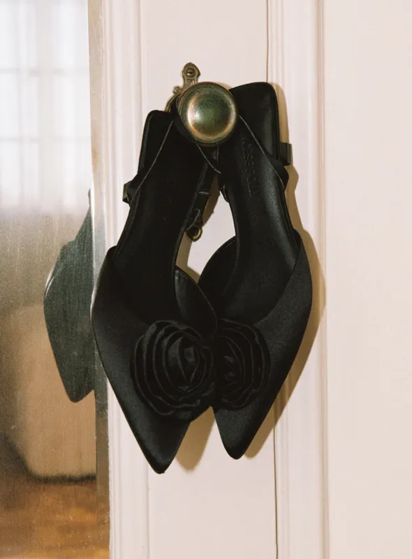Chance Pointed Toe Bow Heels Black Satin sold by Princess Polly
