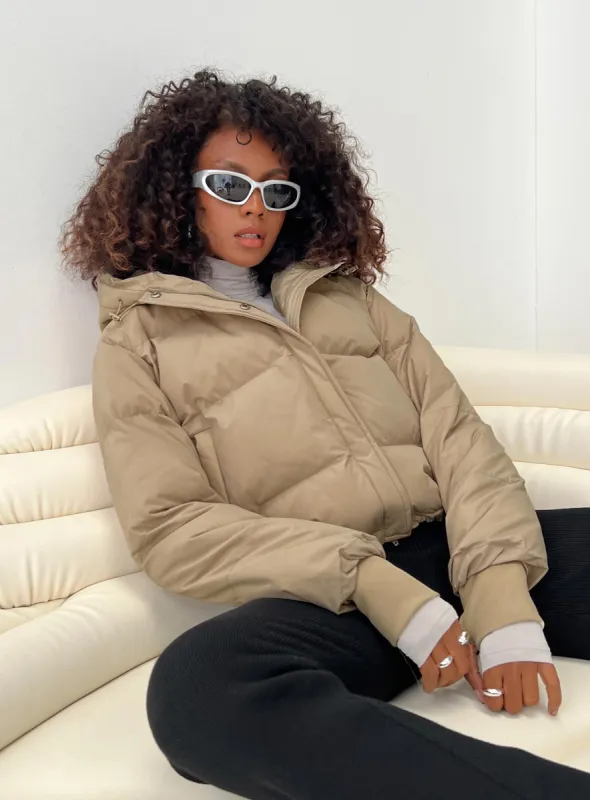 Morrie Hooded Puffer Jacket Latte sold by Princess Polly