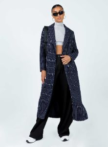 Alkiria Trench Coat Navy Pinstripe sold by Princess Polly