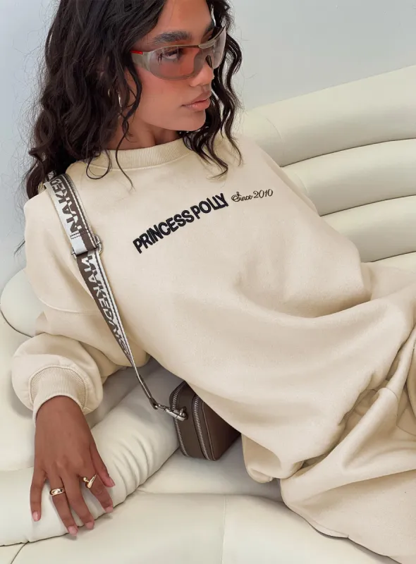 Princess Polly Crew Neck Sweatshirt Block / Cursive Text Stone sold by Princess Polly