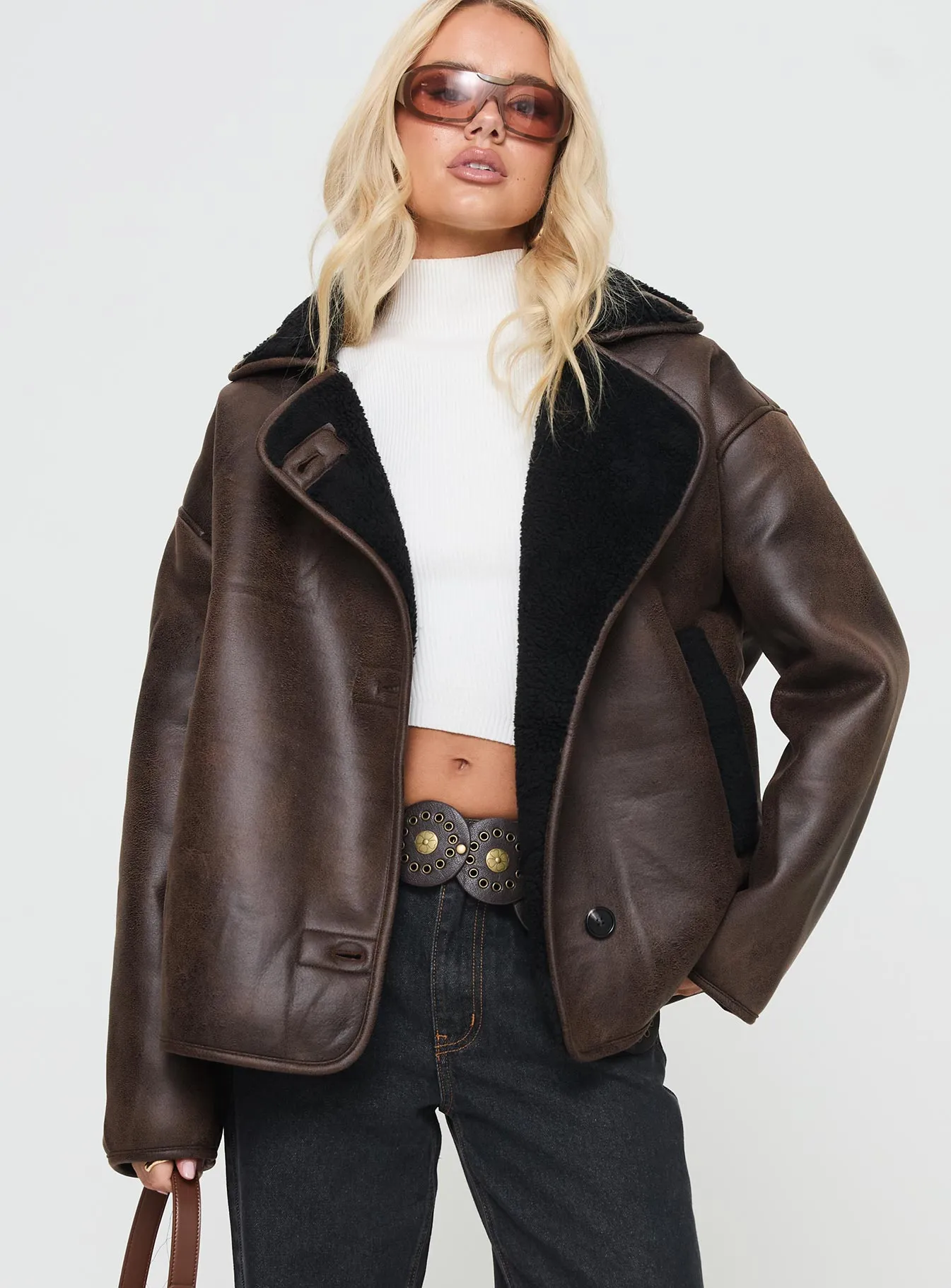 Nunez Faux Leather Jacket Washed Brown / Black sold by Princess Polly product image thumbnail 2