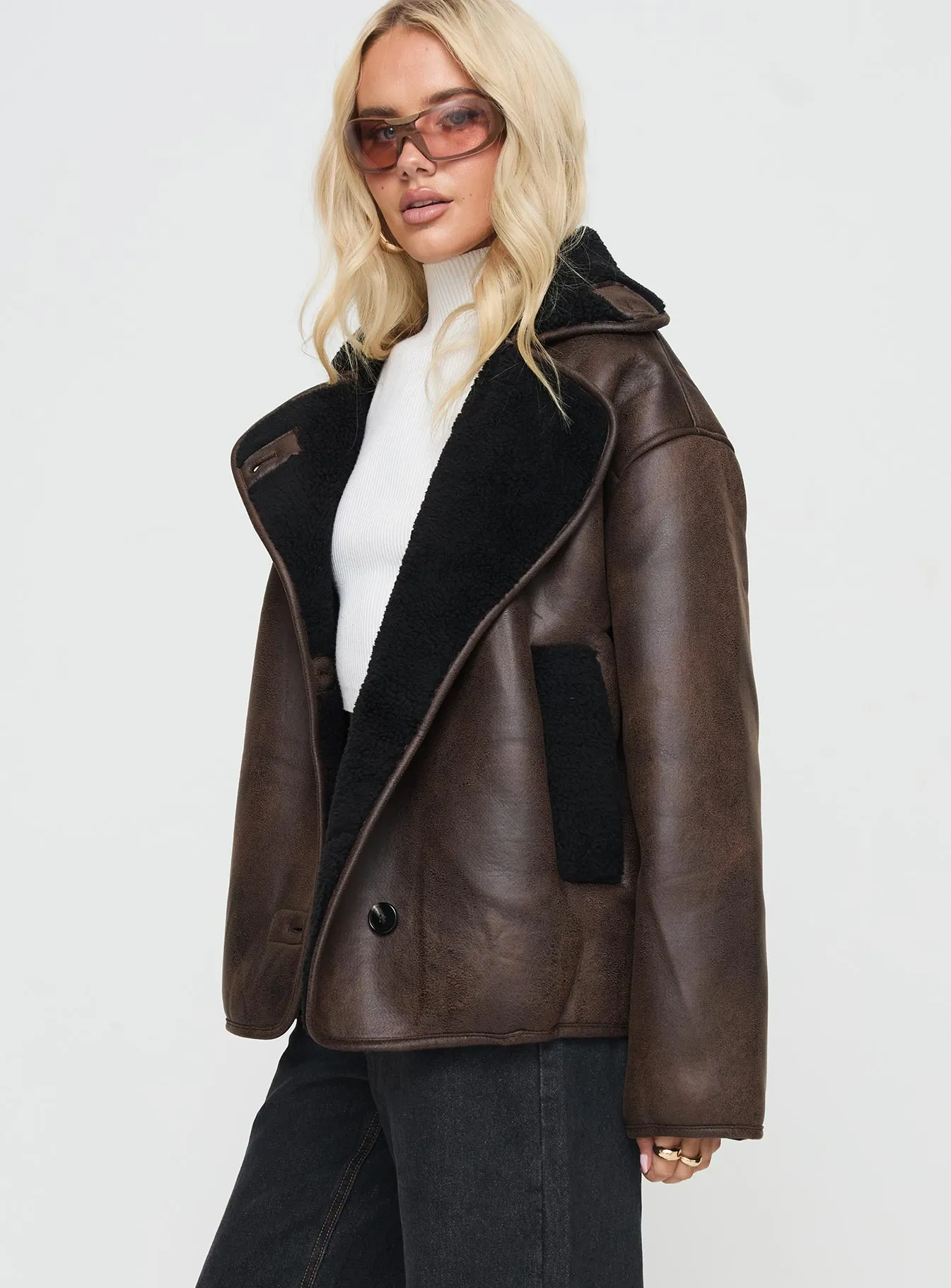 Nunez Faux Leather Jacket Washed Brown / Black sold by Princess Polly product image thumbnail 4
