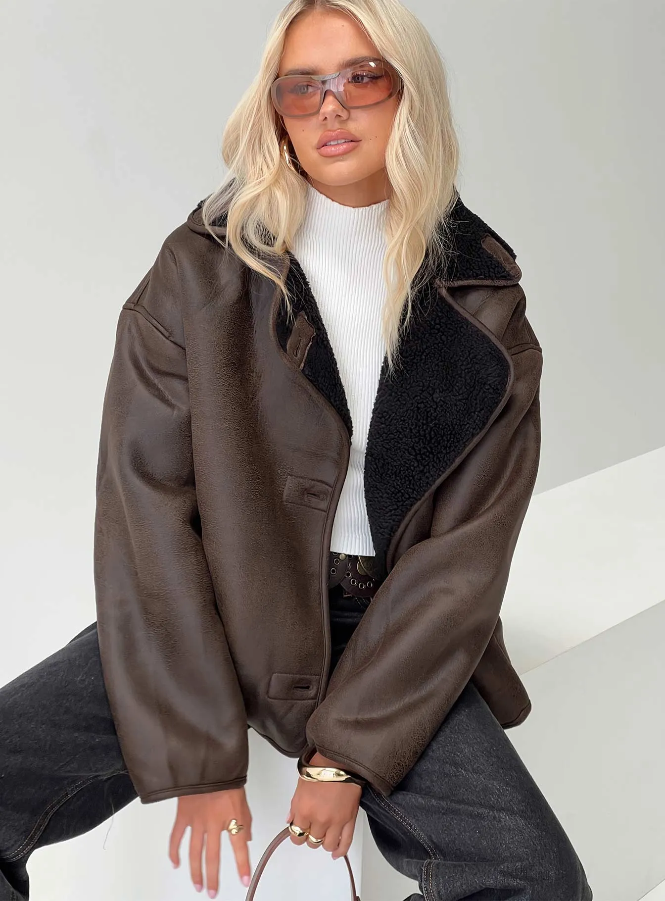 Nunez Faux Leather Jacket Washed Brown / Black sold by Princess Polly