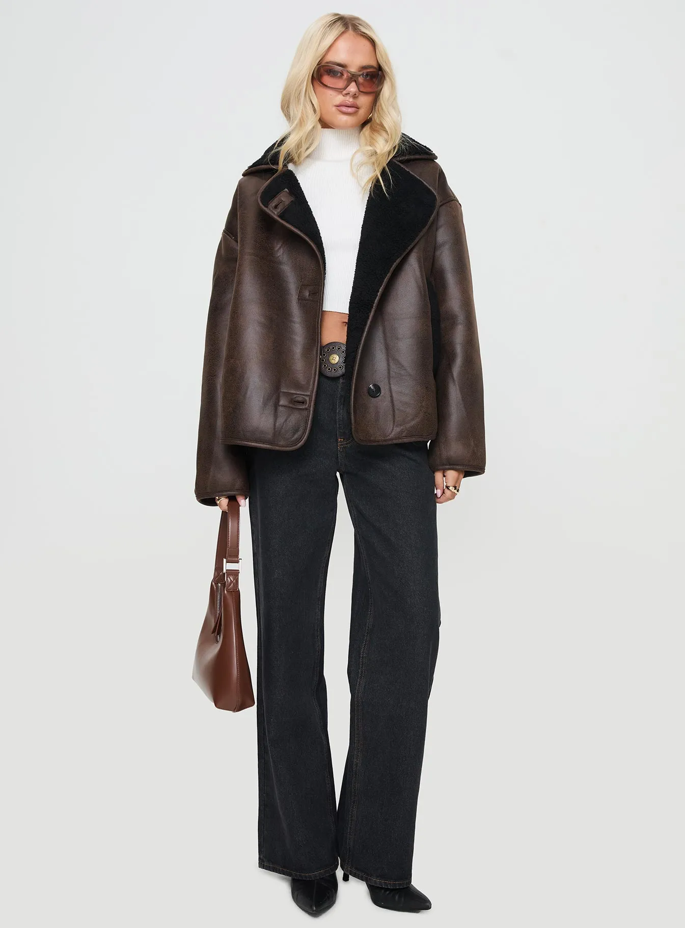 Nunez Faux Leather Jacket Washed Brown / Black sold by Princess Polly product image thumbnail 3