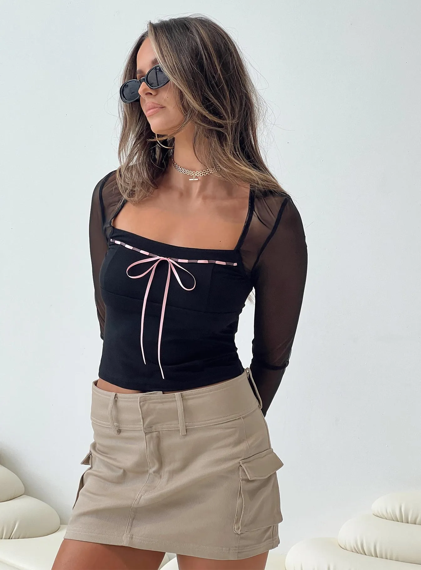 Corria Mesh Long Sleeve Top Black sold by Princess Polly