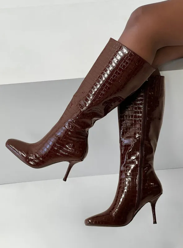 Alexx Knee High Boots Burgundy sold by Princess Polly