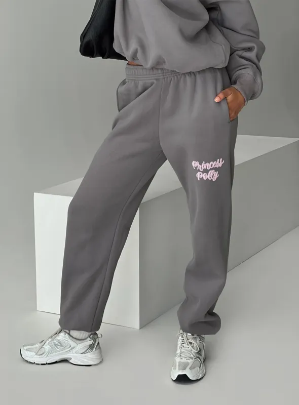 Princess Polly Track Pants Puff Text Charcoal sold by Princess Polly