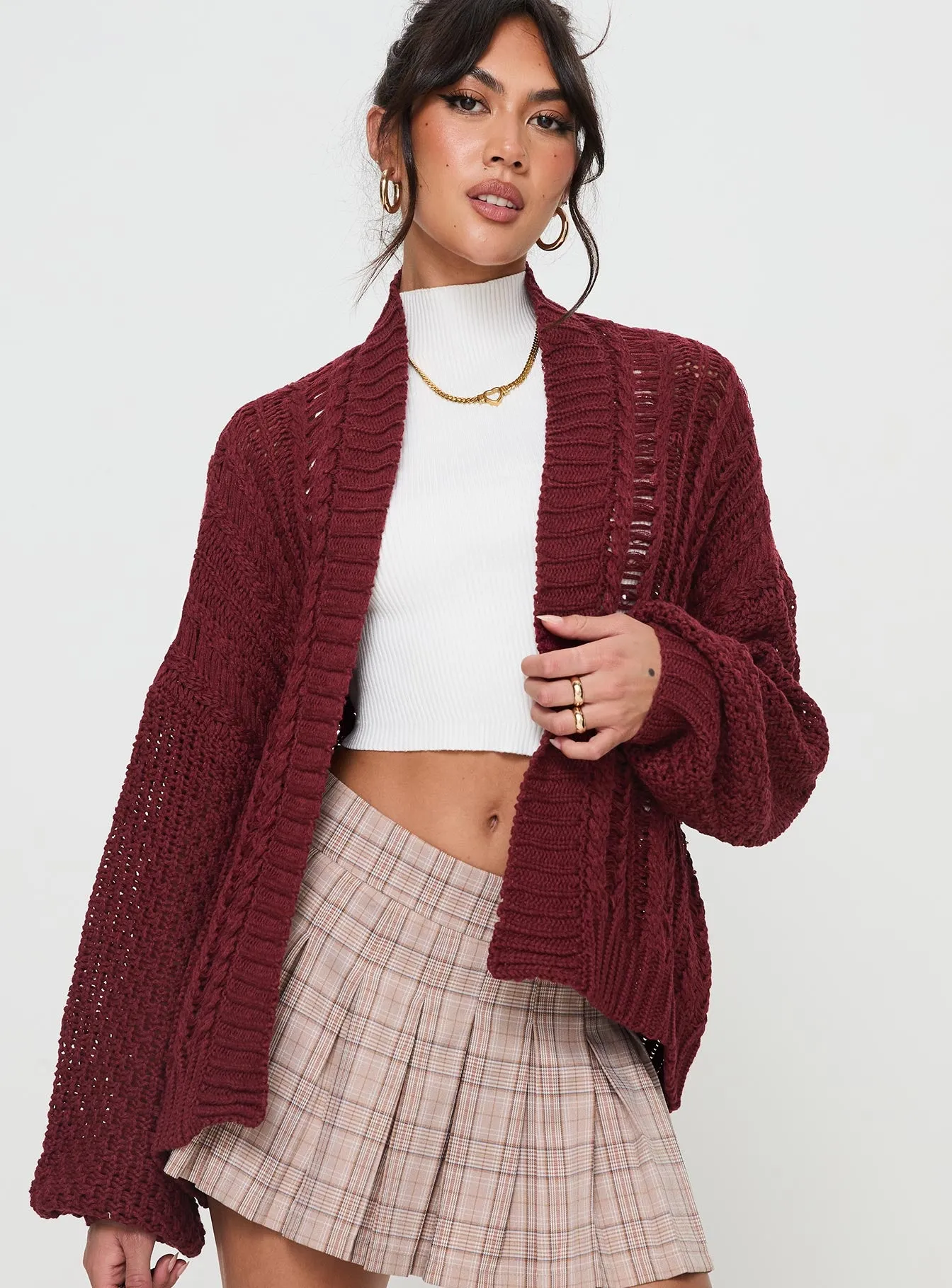 Abner Cable Cardigan Burgundy sold by Princess Polly product image thumbnail 2