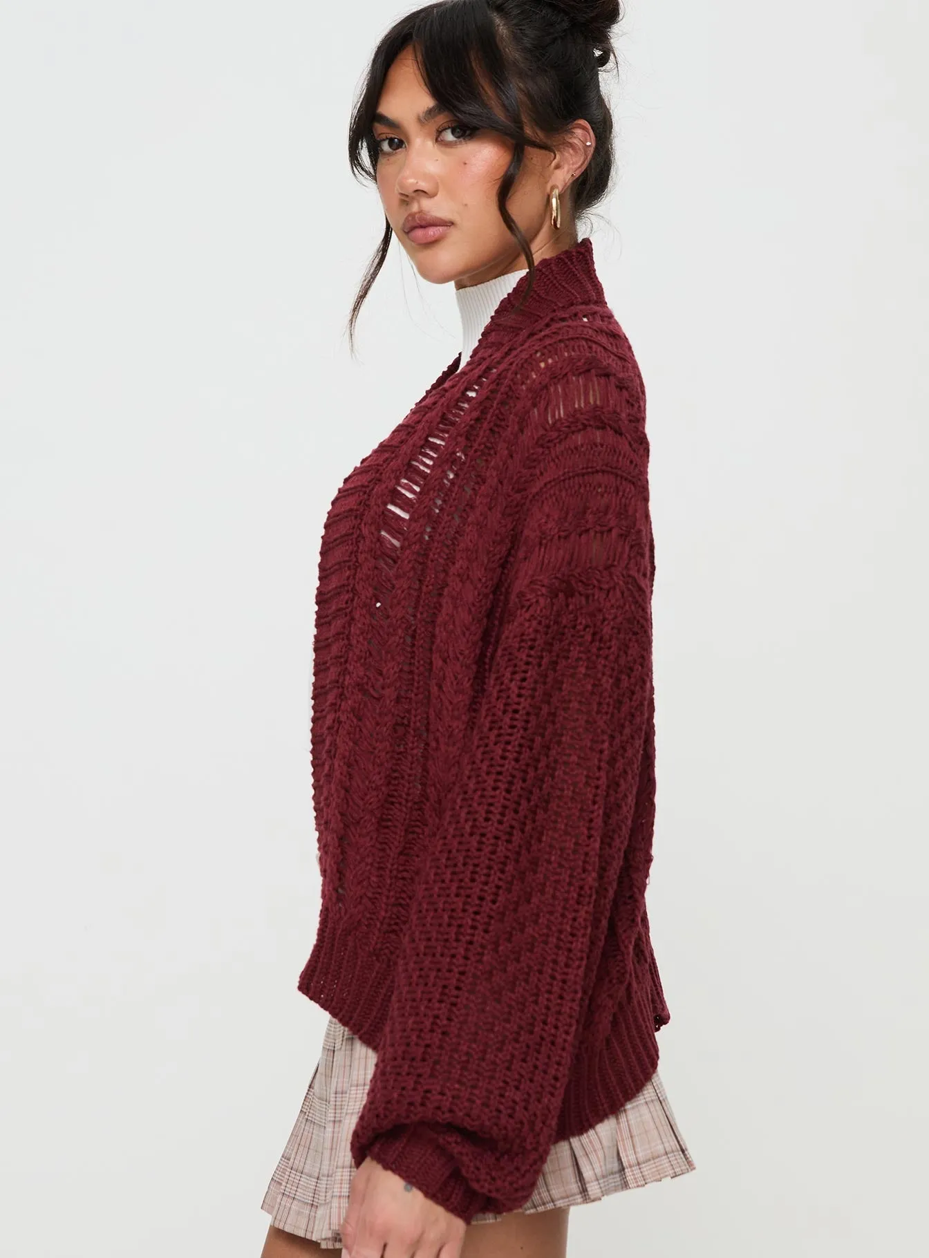 Abner Cable Cardigan Burgundy sold by Princess Polly product image thumbnail 4