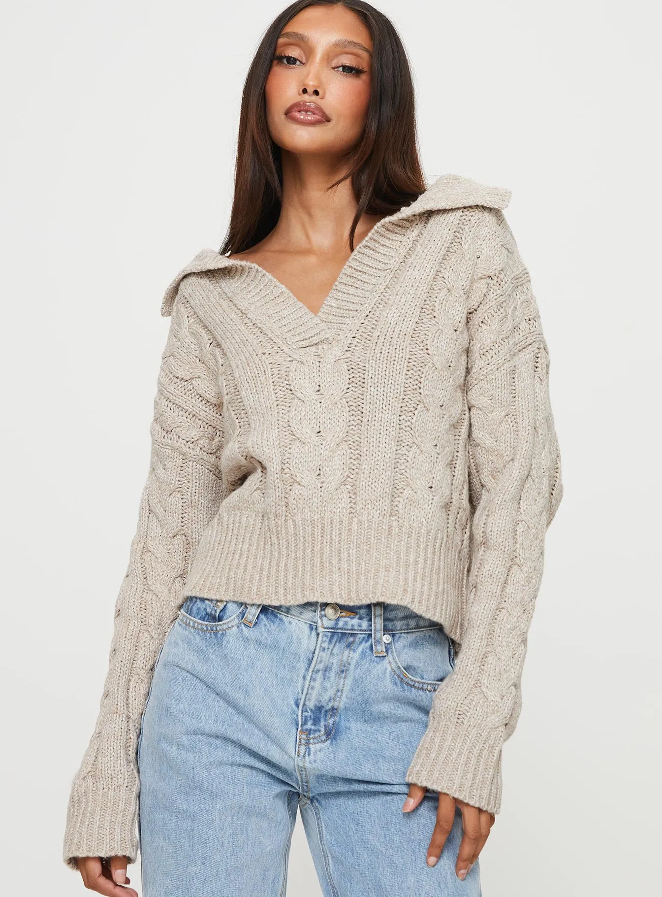 Libertee Collared Cable Sweater Beige sold by Princess Polly