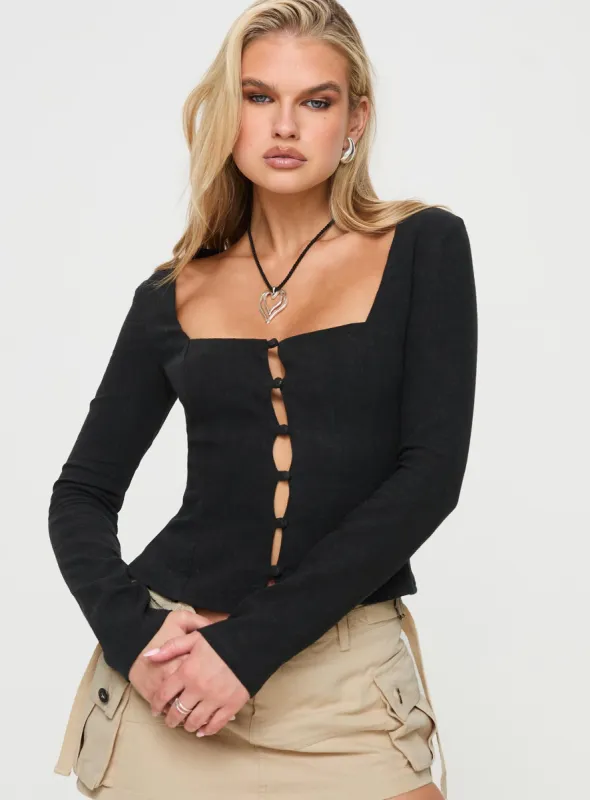 Zenda Linen Blend Long Sleeve Top Black sold by Princess Polly