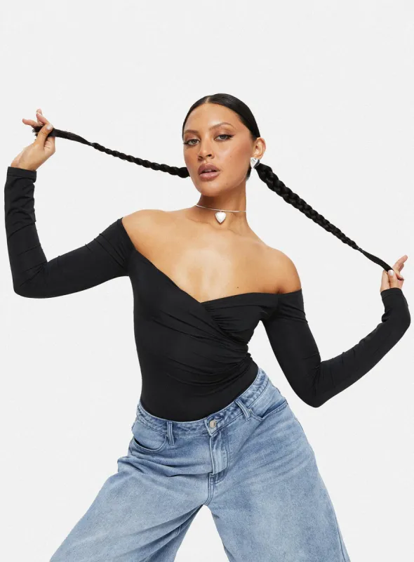 Tarine Wrap Bodysuit Black made by Princess Polly