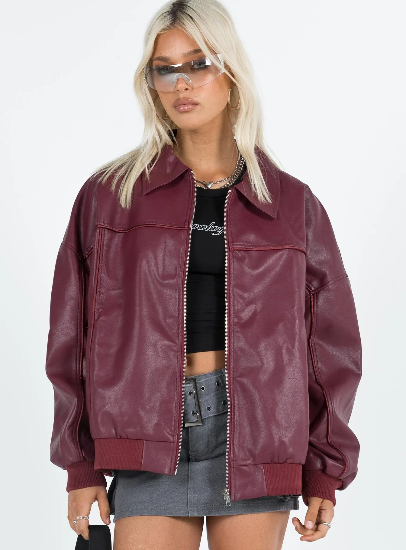 Goldsmith Faux Leather Bomber Jacket Burgundy sold by Princess Polly product image thumbnail 2