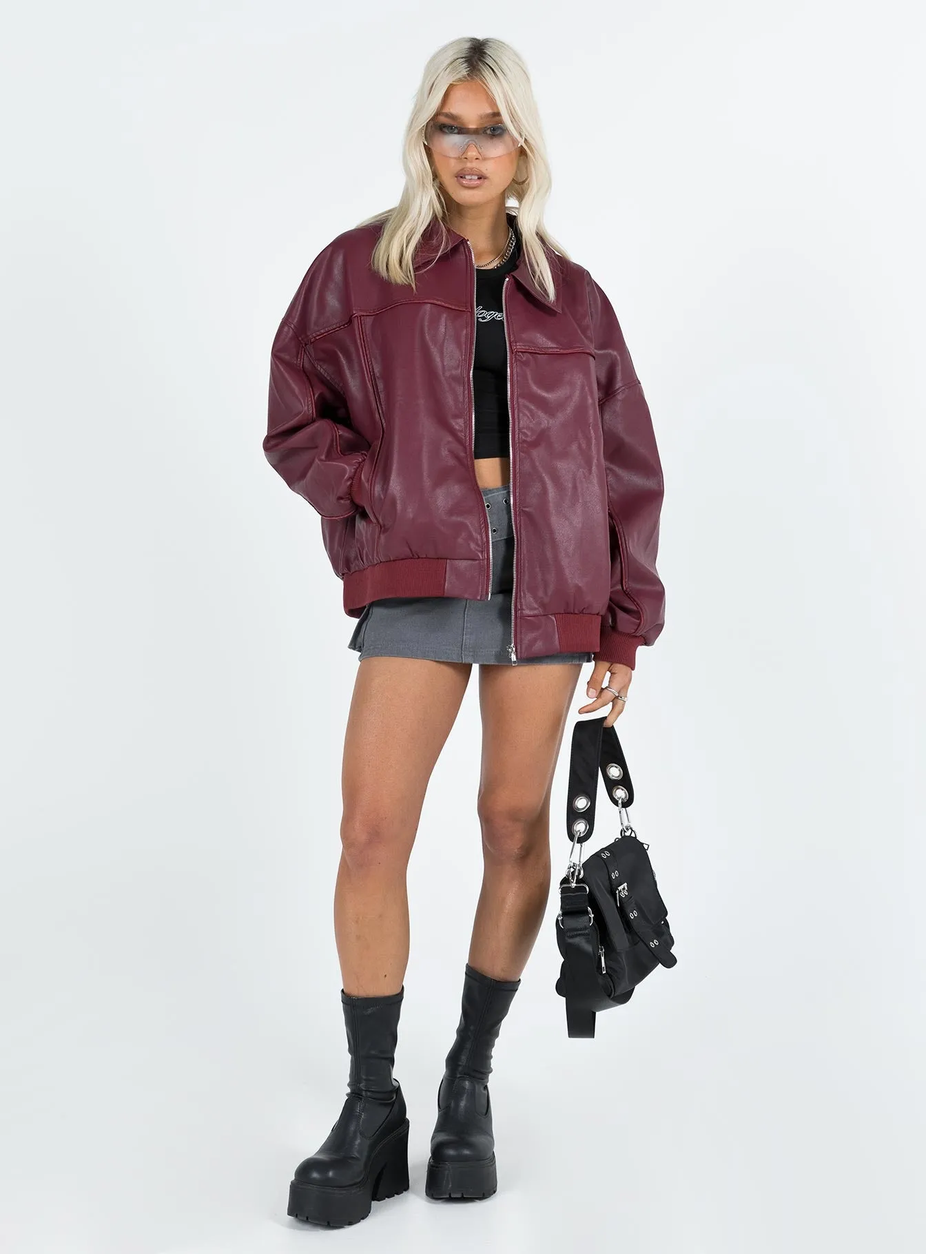 Goldsmith Faux Leather Bomber Jacket Burgundy sold by Princess Polly product image thumbnail 3