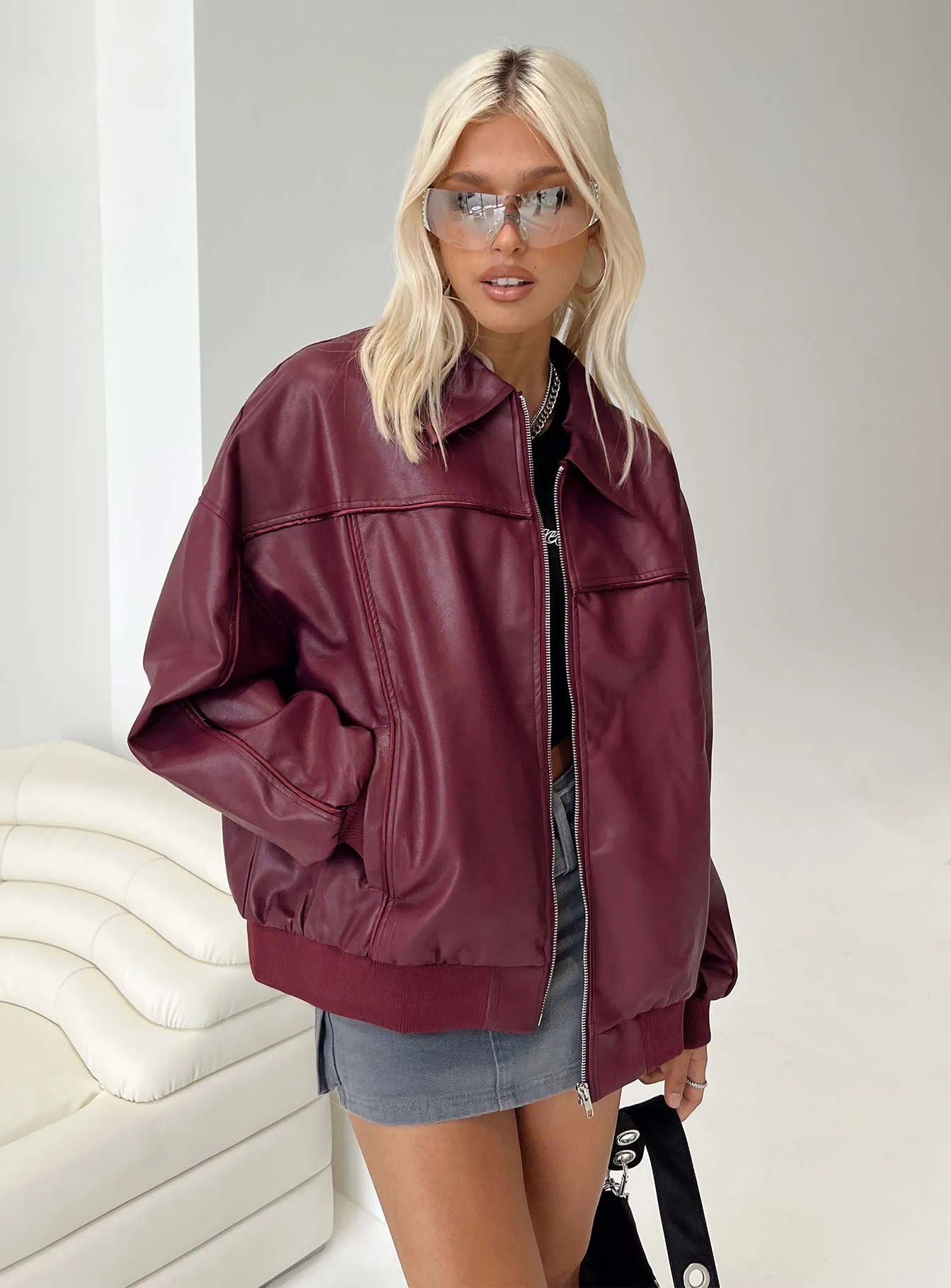 Goldsmith Faux Leather Bomber Jacket Burgundy sold by Princess Polly product image thumbnail 5