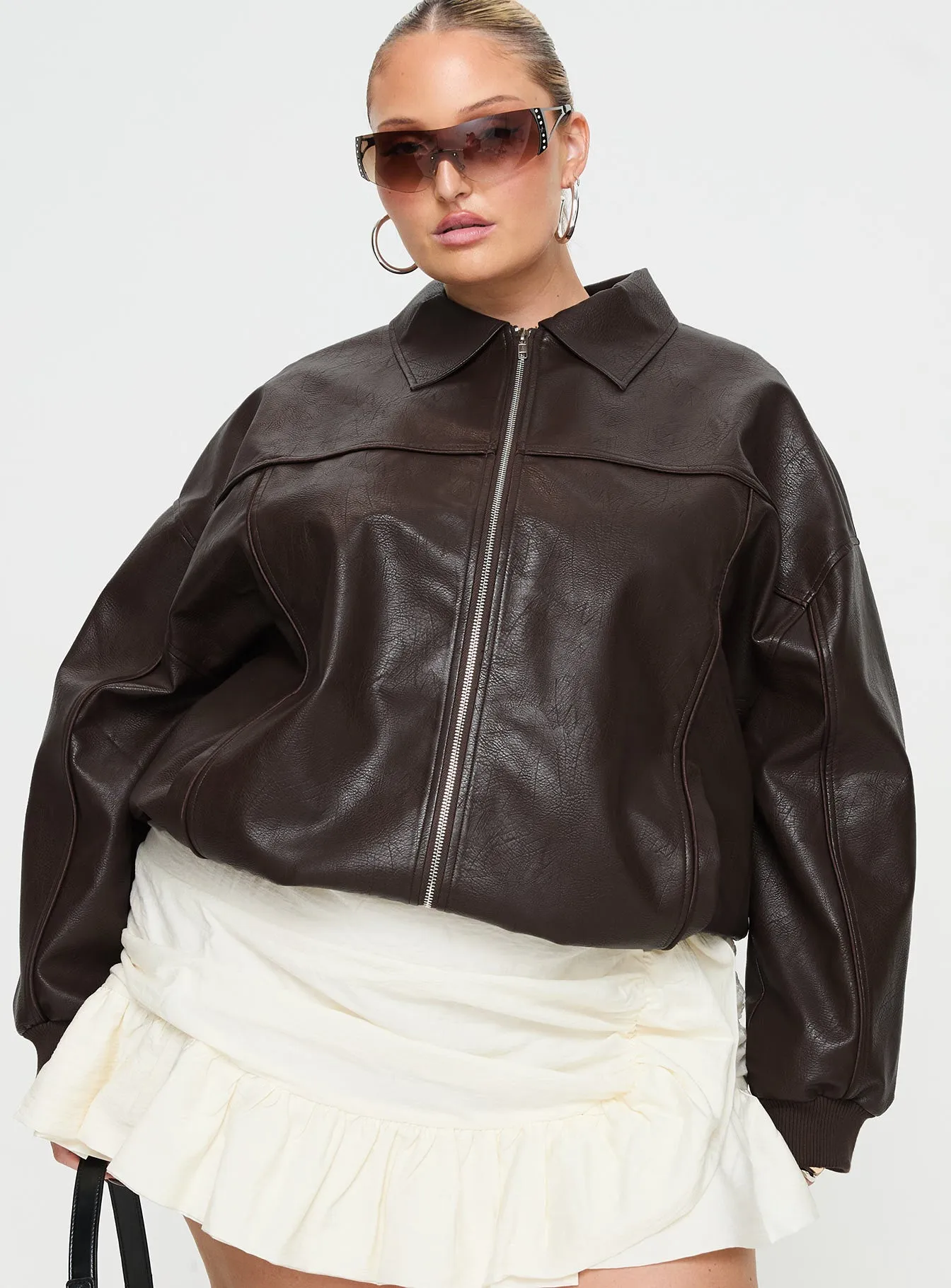 Goldsmith Faux Leather Bomber Jacket Brown Curve sold by Princess Polly product image thumbnail 2