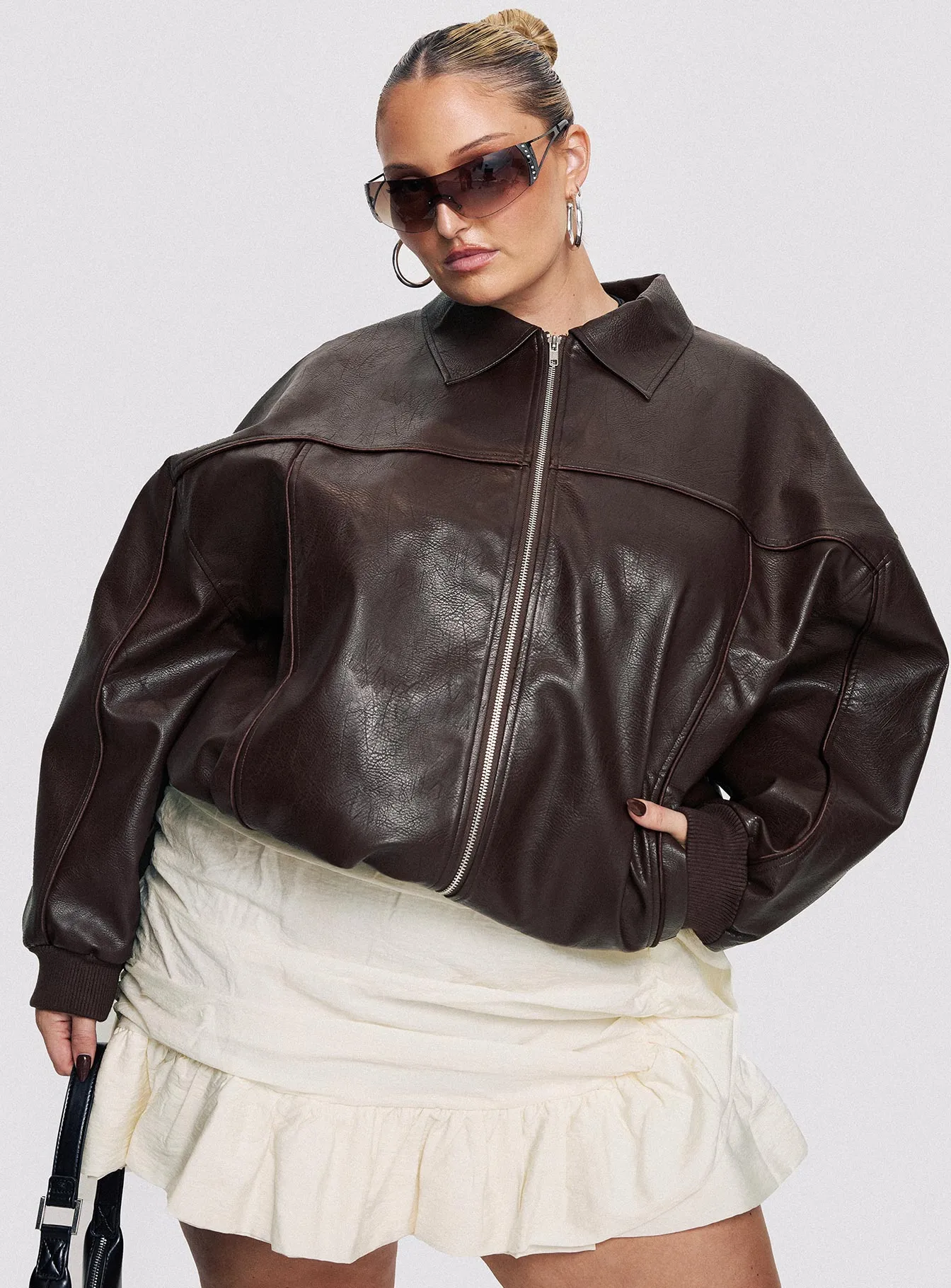 Goldsmith Faux Leather Bomber Jacket Brown Curve sold by Princess Polly