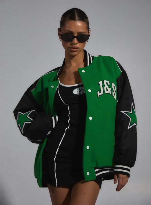 JGR & STN Hailey Letterman Bomber Jacket Green/Black made by Princess Polly