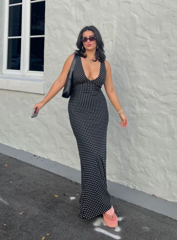 Nellie Maxi Dress Black Polka Dot sold by Princess Polly