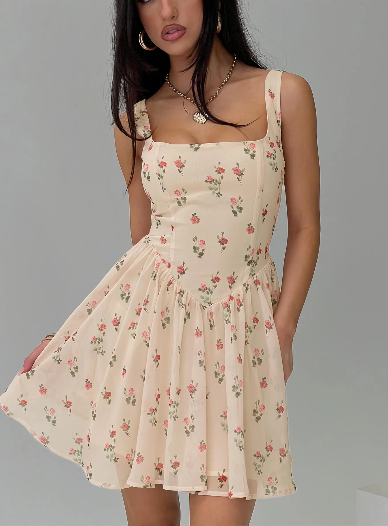 Straplie Mini Dress Cream Floral sold by Princess Polly