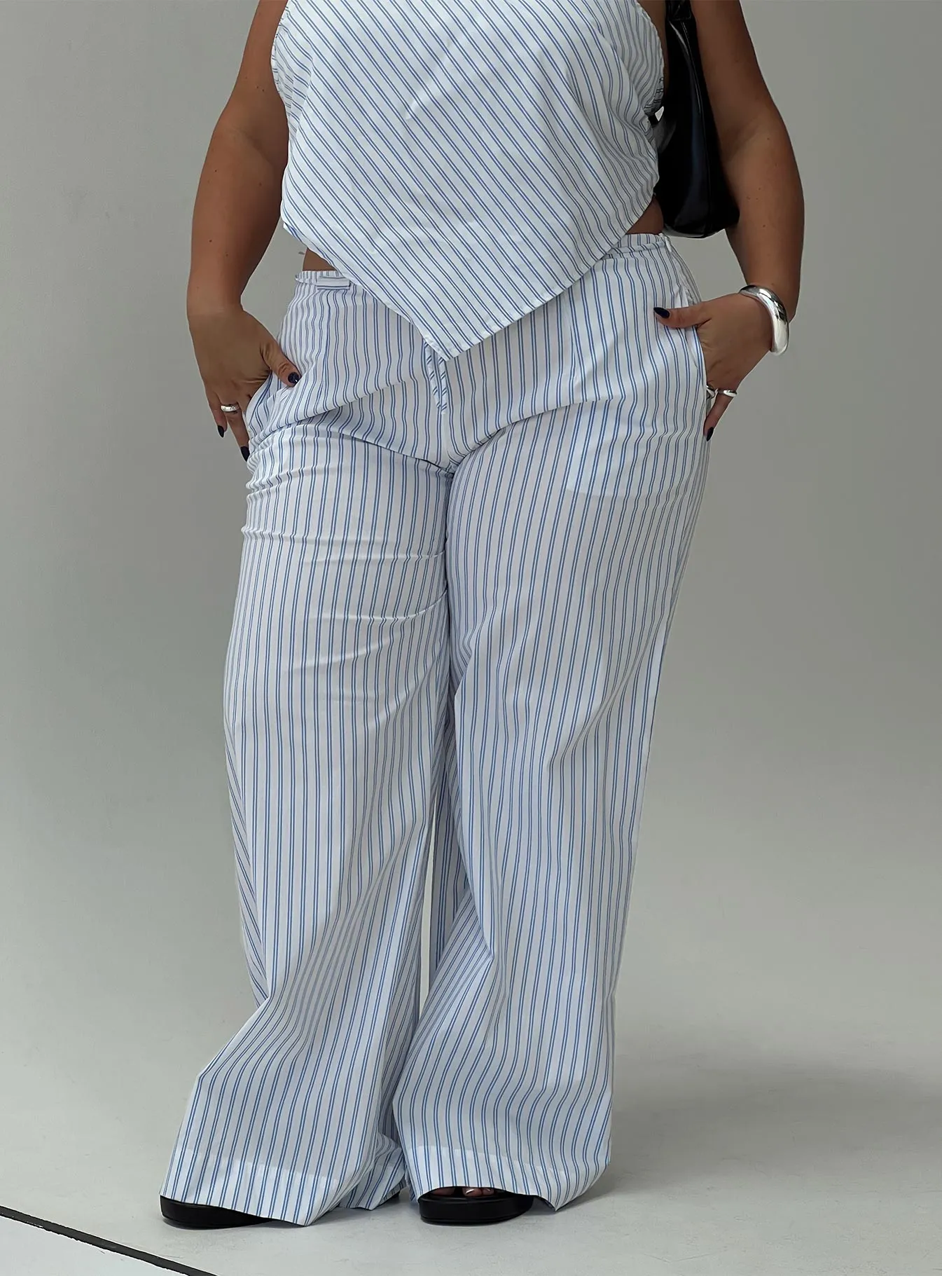 Collied Low Rise Pants Blue / White Stripe Curve sold by Princess Polly