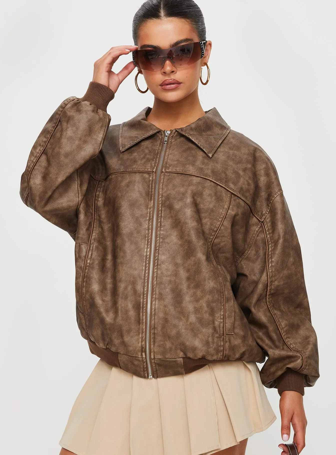 Goldsmith Faux Leather Bomber Jacket Washed Brown sold by Princess Polly product image thumbnail 3