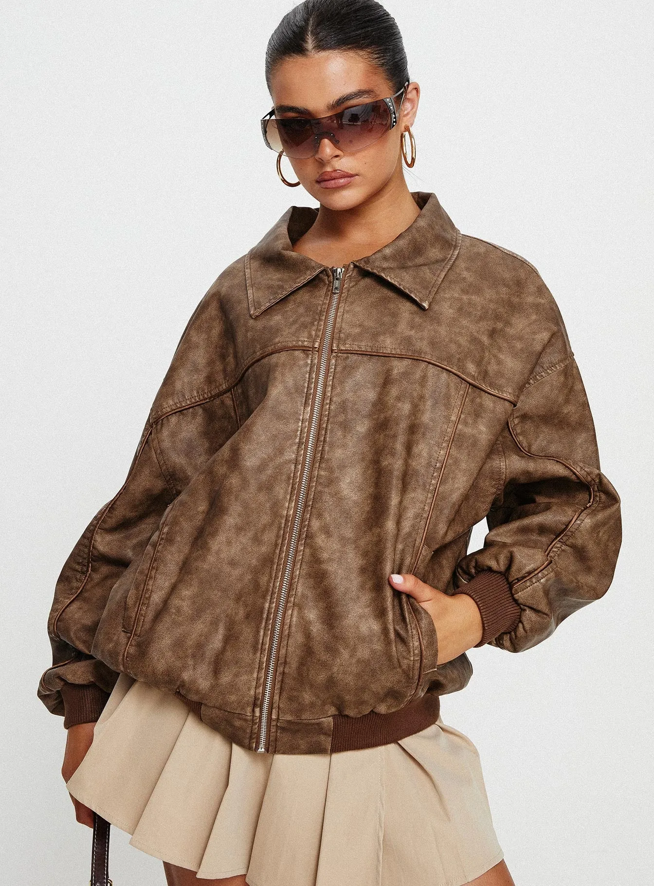 Goldsmith Faux Leather Bomber Jacket Washed Brown sold by Princess Polly product image thumbnail 2