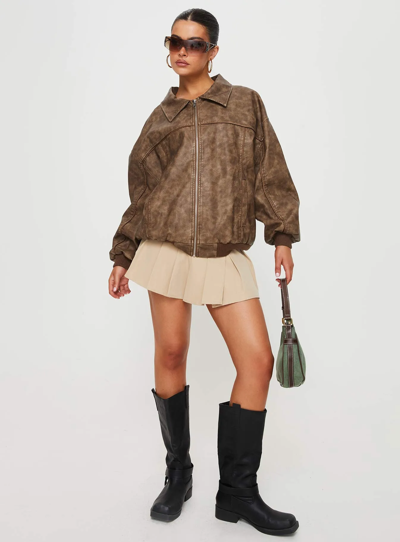 Goldsmith Faux Leather Bomber Jacket Washed Brown sold by Princess Polly product image thumbnail 4