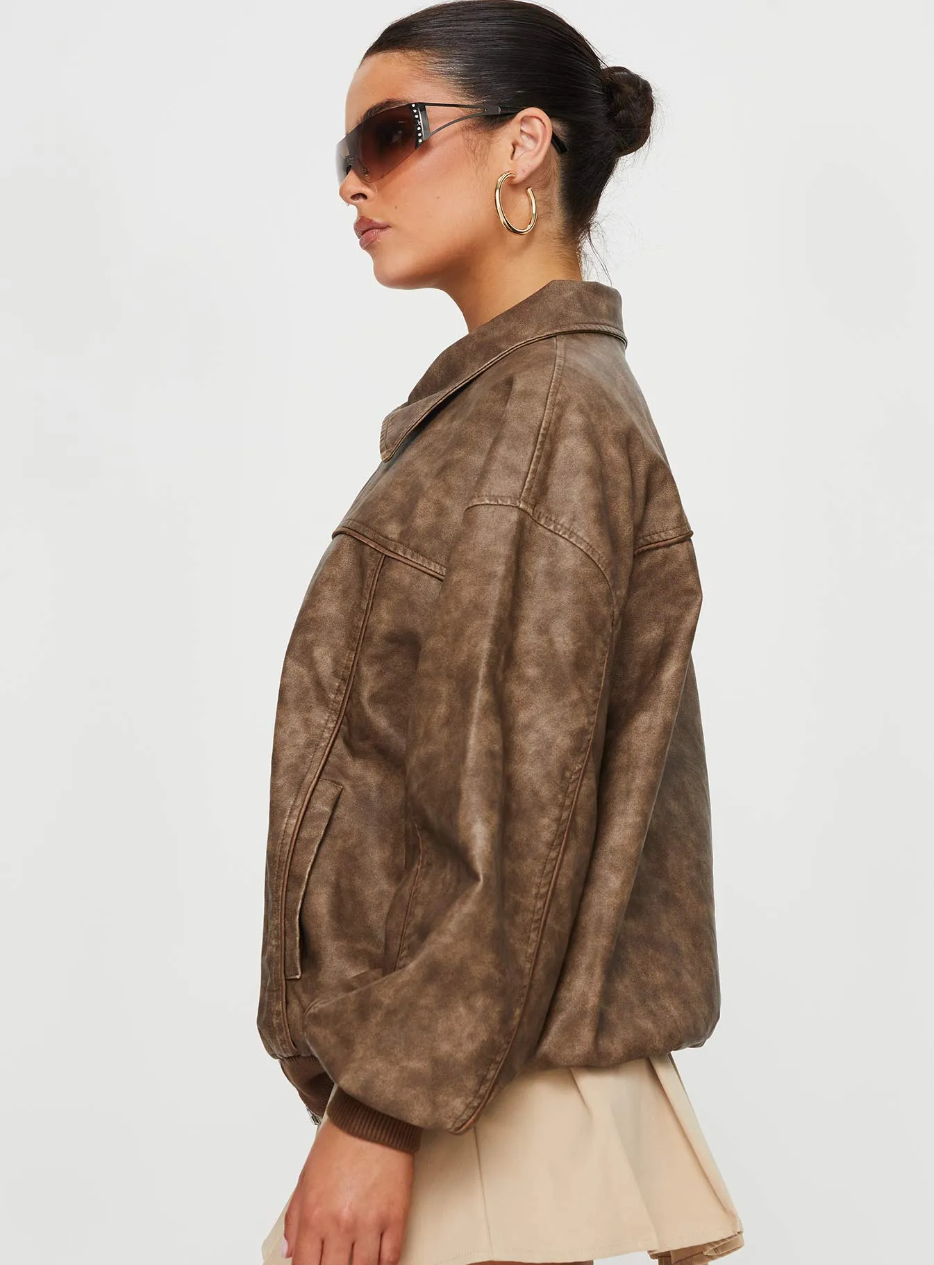 Goldsmith Faux Leather Bomber Jacket Washed Brown sold by Princess Polly product image thumbnail 5