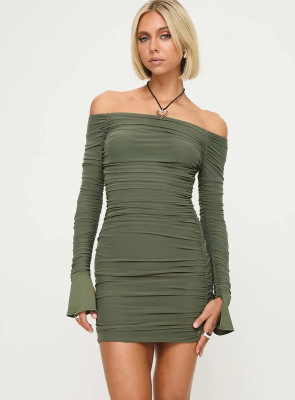 Moreno Long Sleeve Mini Dress Olive sold by Princess Polly