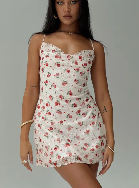 Celena Lace Mini Dress White / Red Floral sold by Princess Polly