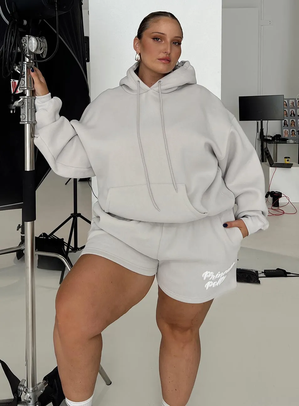 Princess Polly Track Shorts Puff Text Grey Curve sold by Princess Polly