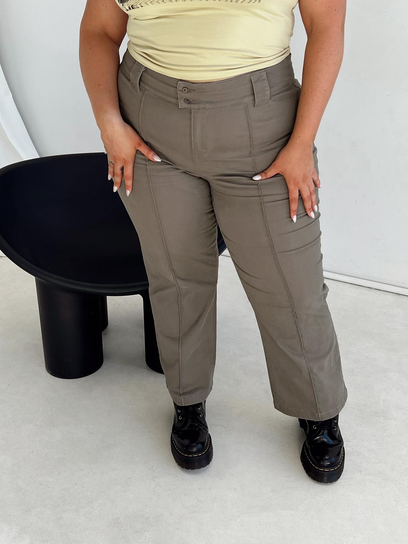 Bass Drop Mid Rise Bootleg Pant Curve Khaki sold by Princess Polly