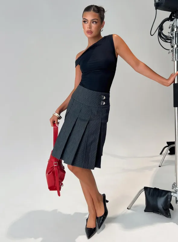 Dereveko Pleated Midi Skirt Black Pinstripe sold by Princess Polly