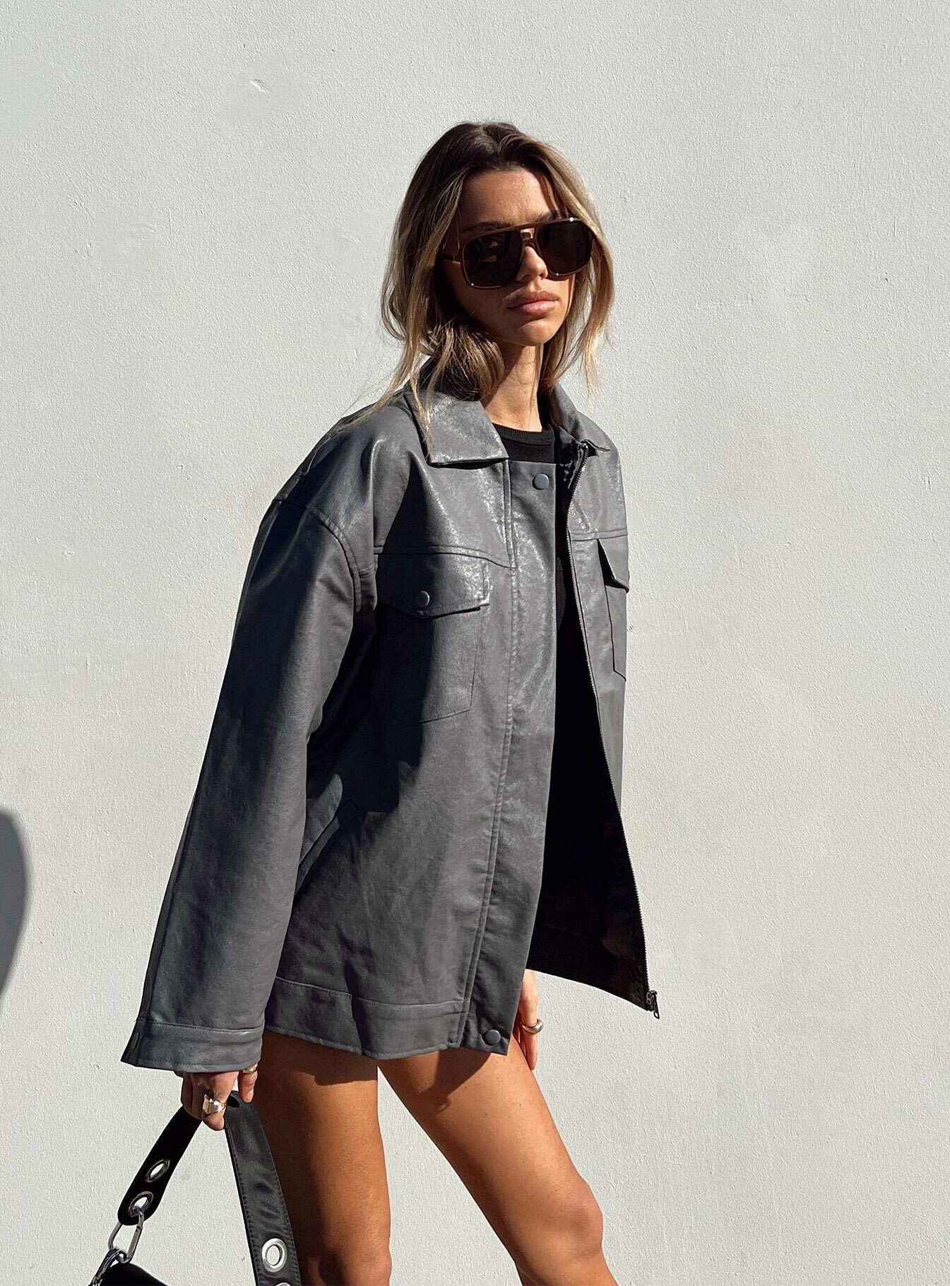 Callie Faux Leather Jacket Grey sold by Princess Polly