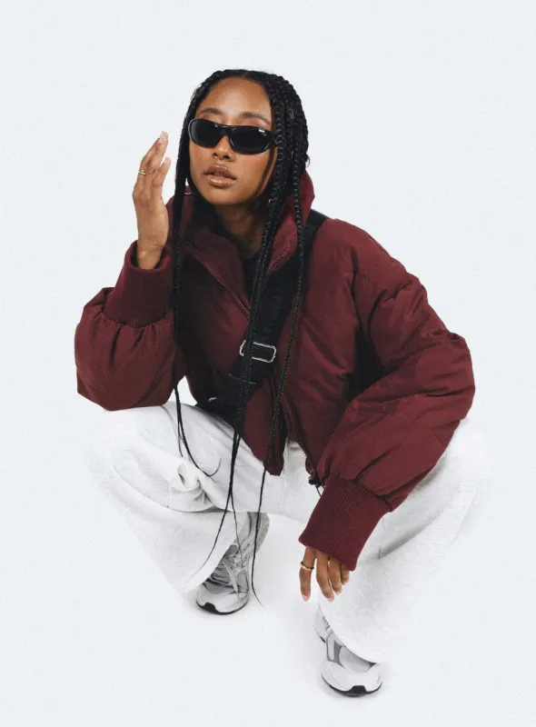 Abe Puffer Jacket Burgundy sold by Princess Polly