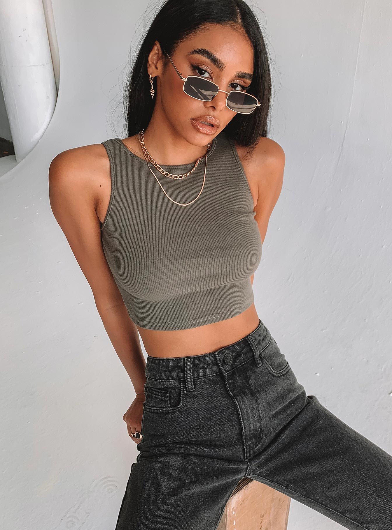 Darlington Crop Top Khaki Tall sold by Princess Polly