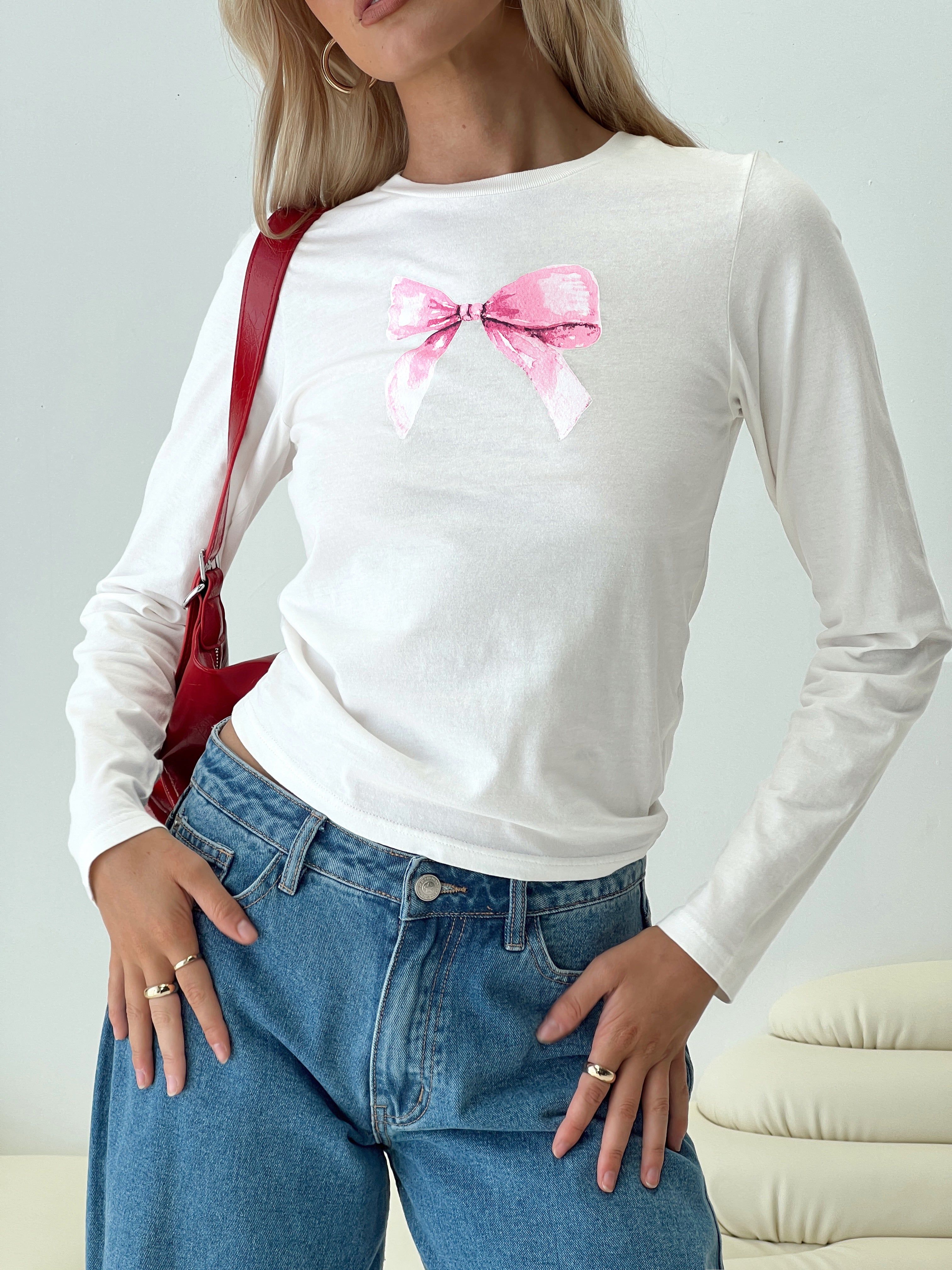 Bow Baby Long Sleeve Top White sold by Princess Polly