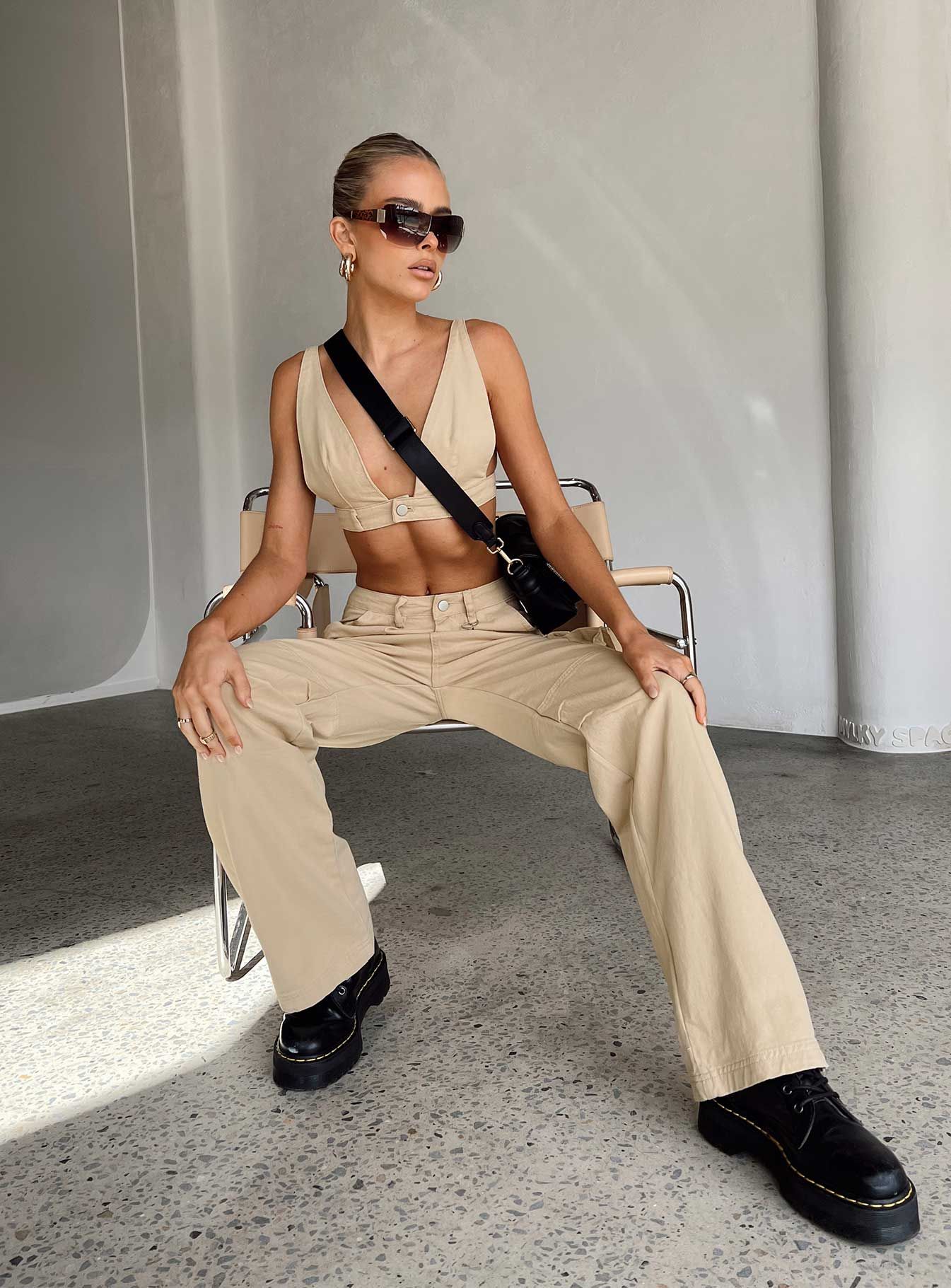 Paige Mid Rise Cargo Jean Denim Beige sold by Princess Polly