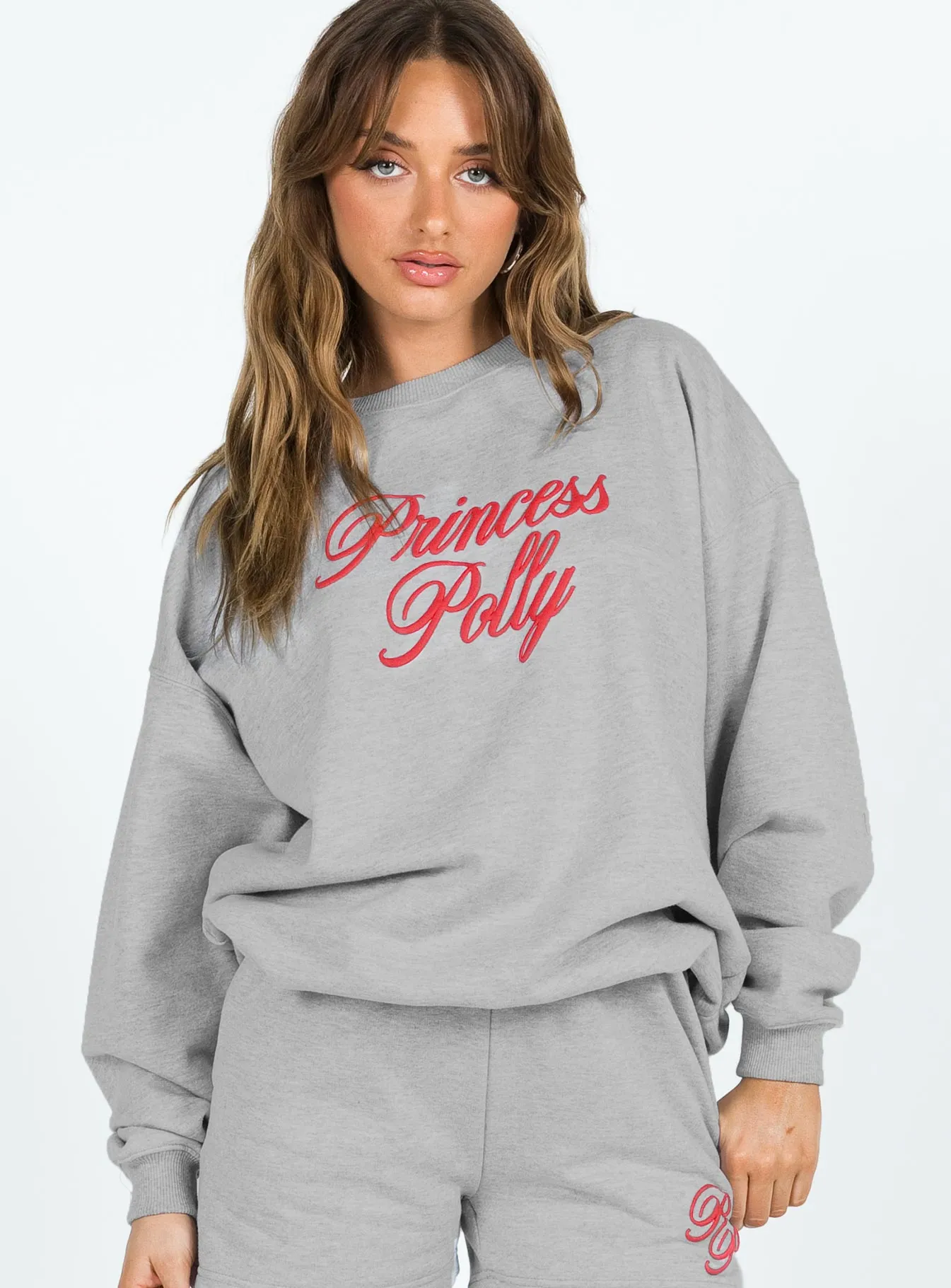Princess Polly Crew Neck Sweatshirt Cursive Text Grey Marle / Red sold by Princess Polly product image thumbnail 3