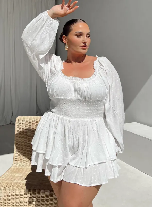 The Love Galore Long Sleeve Romper White Curve sold by Princess Polly