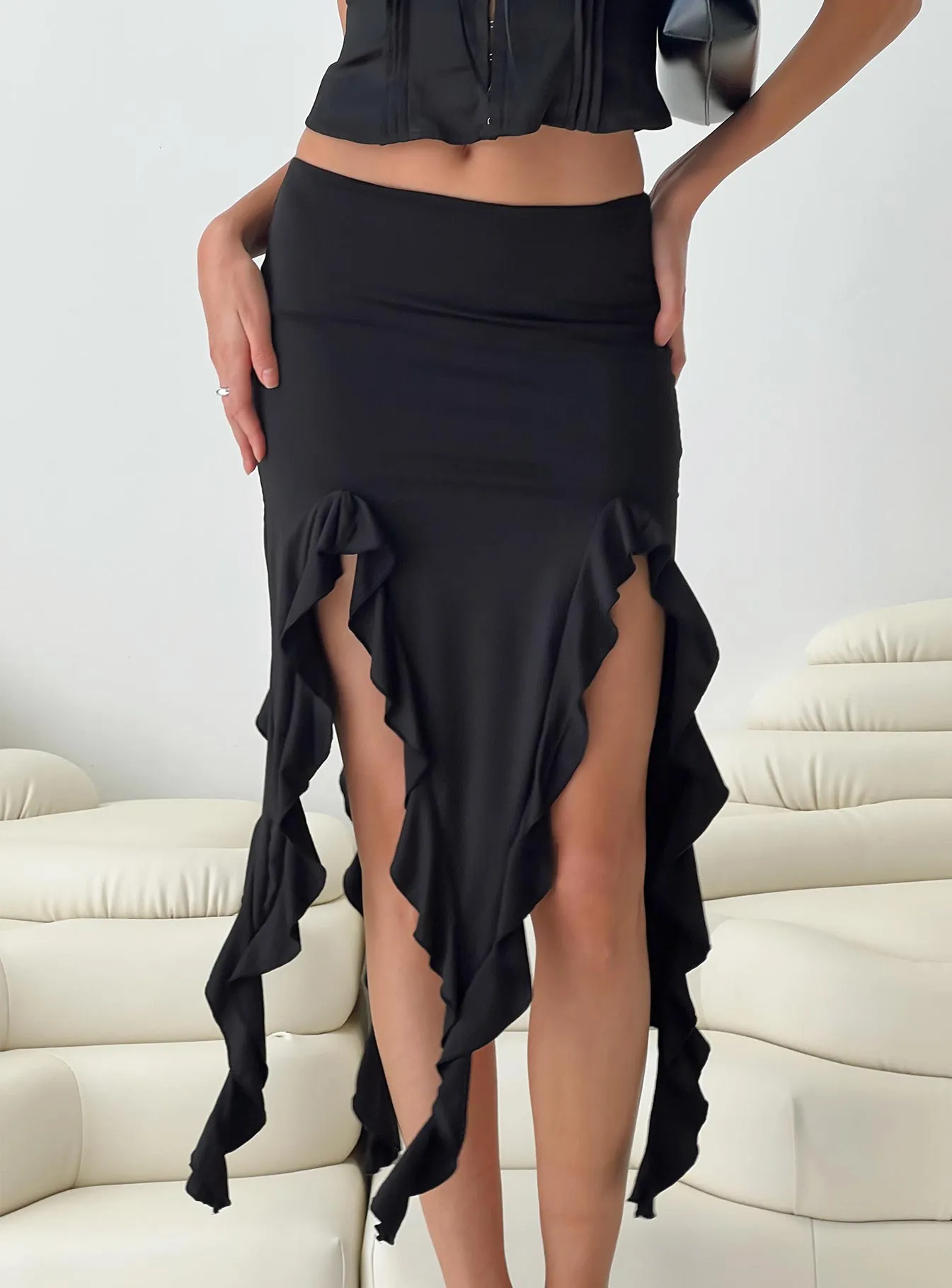 Peachey Asymmetric Ruffle Midi Skirt Black sold by Princess Polly