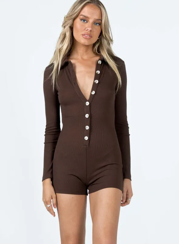 Susie Long Sleeve Romper Brown sold by Princess Polly