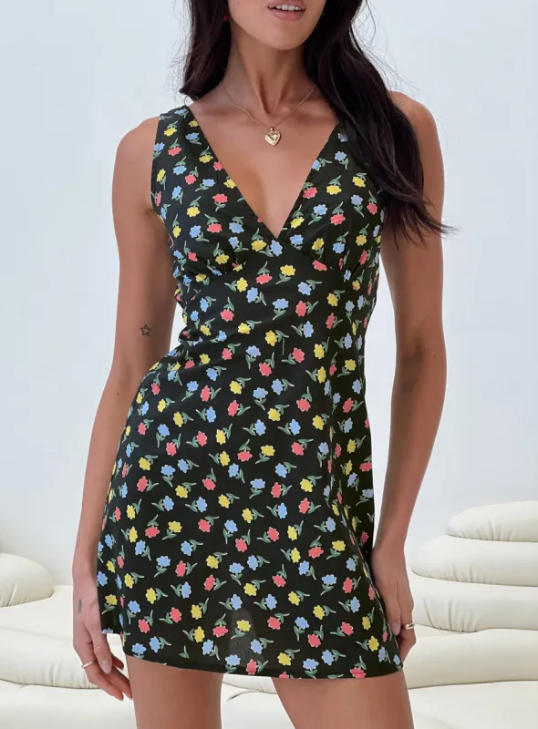 Nellie Mini Dress Black / Multi Floral sold by Princess Polly