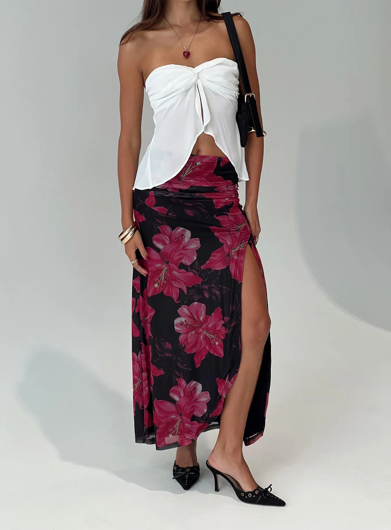 Cooperi Maxi Skirt Black / Red Floral sold by Princess Polly