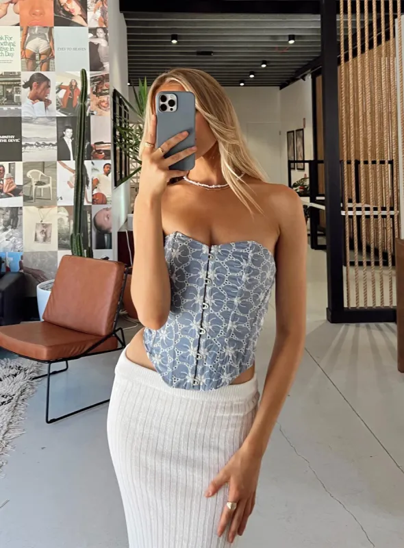 In The Moment Strapless Top Blue / White sold by Princess Polly