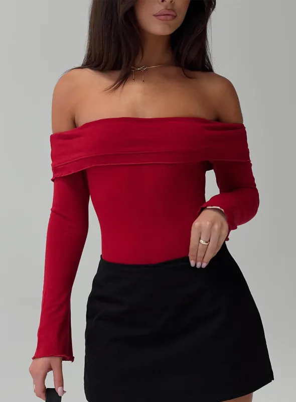 Afterglow Off The Shoulder Bodysuit Burgundy sold by Princess Polly